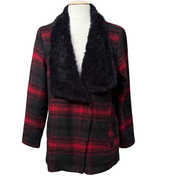 Jack BB Dakoda Rydell Buffalo Wool Blend Plaid Black Red Jacket Faux Collar Med - Picture 1 of 14